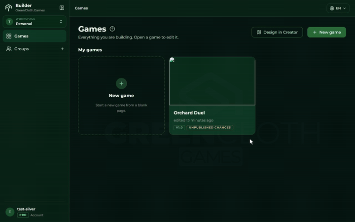 Die Schaltfläche Neues Spiel, der Titel wird im Dialog getippt, die Schaltfläche Spiel erstellen, dann die Seite Übersicht des neuen Spiels