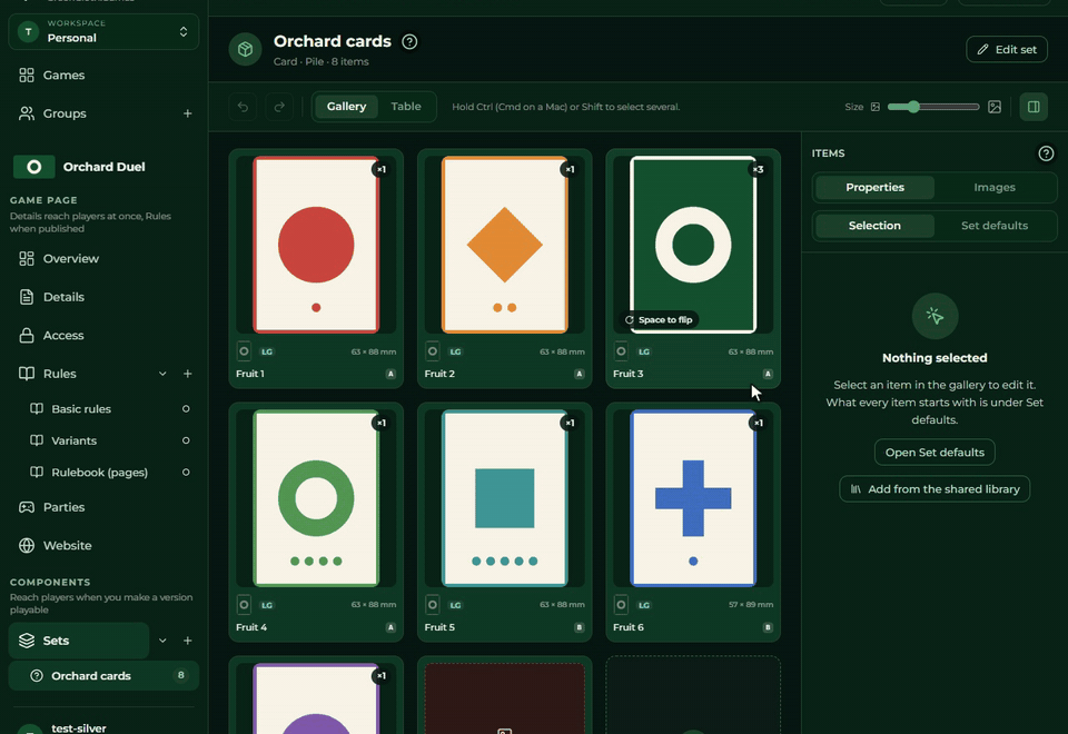 Der Dialog Neues Set wird ausgefüllt: Titel, Typ, Container, Speichern, dann die Seite des neuen leeren Sets